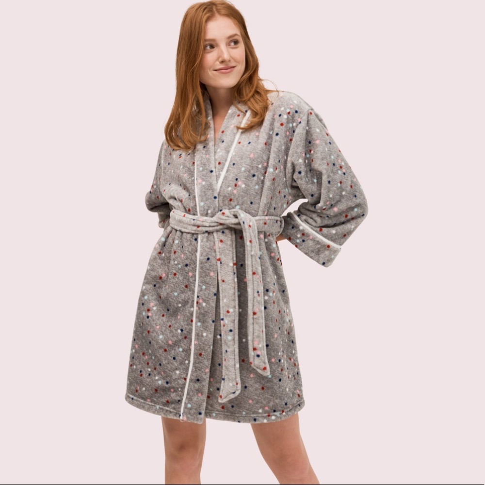Kate spade Grey Multi Dot Fleece Tie Robe NWT XS/S - Picture 10 of 10